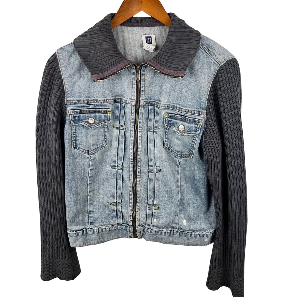 Vintage 2005 Gap Denim Jacket Womens Large Y2K Indie Grunge Mixed Media Fall Zip